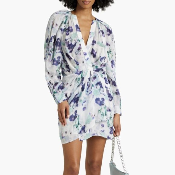 IRO Paris Odine Pleat Long Sleeve Mini Silk Blend Wrap Chiffon Dress FR 38 US 6 - Picture 1 of 15